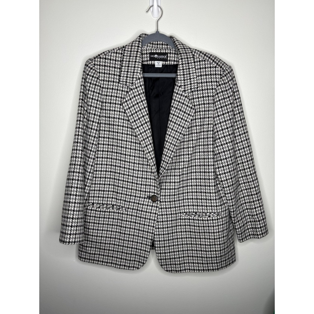 Vintage‎ Sag Harbor Petite Houndstooth Wool Blend Blazer Black White Women's 16P